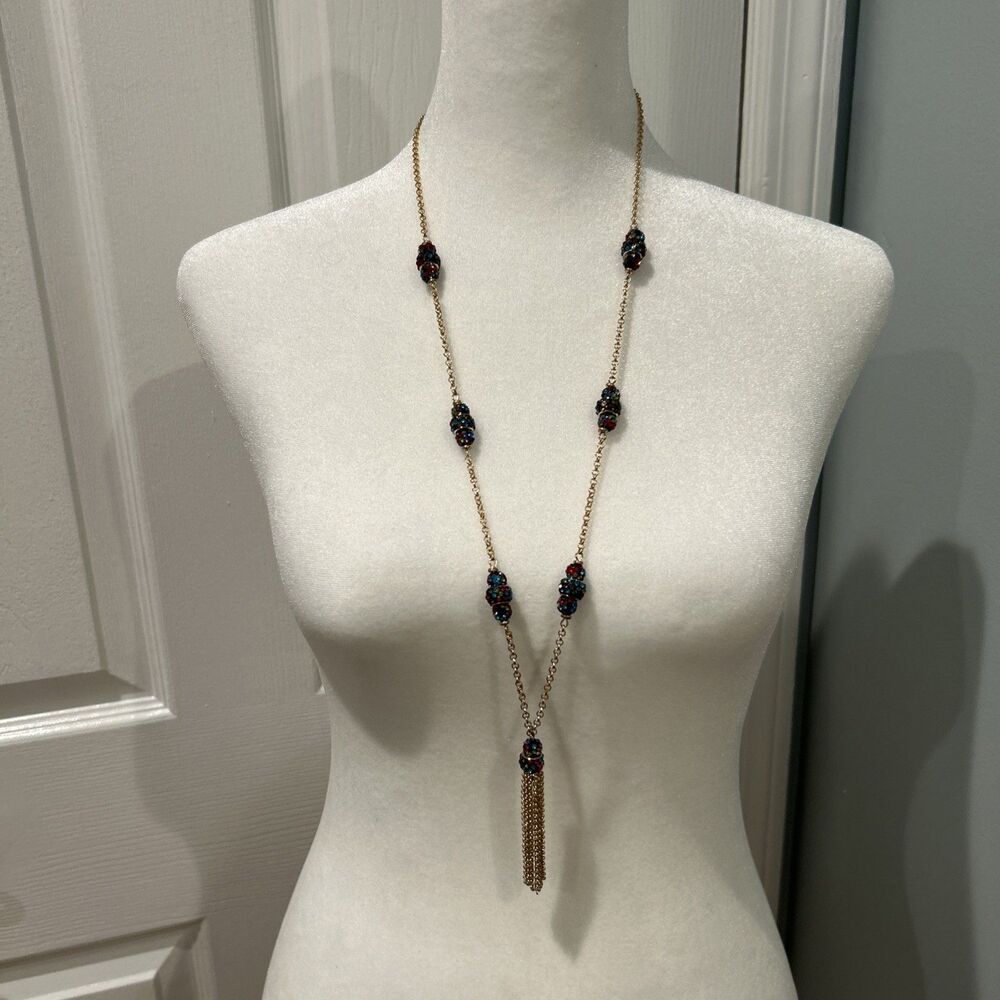 Vintage Monet 36” Long Gold Tone Tassel Necklace With Colorful Crystal Beads